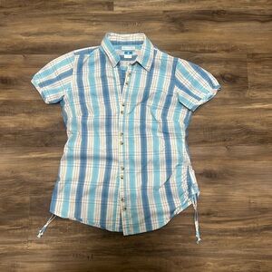 Y2K Columbia Light Blue and White Plaid Women’s Sinched Shirt